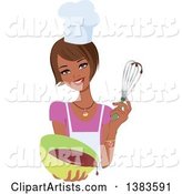 Pretty Black Baker Woman with a Bob Haircut, Holding up a Whisk and a Bowl of Cake Mix