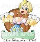 Pretty Blond Bavarian Woman Serving Frothy Beers over a Blank Banner