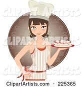 Pretty Brunette Chef Woman Holding a Cake and Wearing an Apron over a Brown Circle
