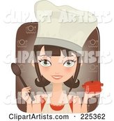 Pretty Brunette Chef Woman Holding a Casserole Dish and Spoon over a Brown Square