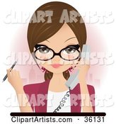 Pretty Brunette Secretary, Assistant or Receptionist Holding a Phone and a Pen While Taking a Call in an Office