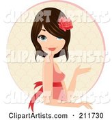 Pretty Brunette Woman Wearing a Rose in Her Hair and Gesturing over a Circle