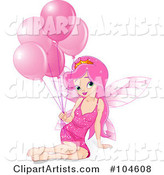 Pretty Fairy Princess Girl with Long Pink Hair, Sitting with a Bunch of Pink Birthday Balloons