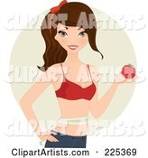 Pretty Fit Brunette Woman in a Bra, Holding an Apple and Standing with Measuring Tape Around Her Waist over a Beige Circle