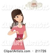 Pretty Woman in a Pink Dress, Mixing Ingredients in a Bowl and Imagining Her Cake