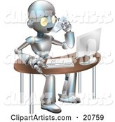 Professional Metallic Robot Character Talking on a Cell Phone and Working on a Computer at an Office Desk