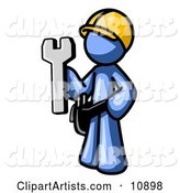 Proud Blue Construction Worker Man in a Hardhat, Holding a Wrench