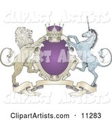 Purple Crown, Lion, and Blue Unicorn on a Coat of Arms