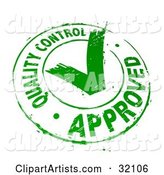 Quality Control Approved Stamp of a Green Check Mark in a Circle, on a White Background
