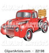Red 1945 Ford Pickup Truck with a Spacfe Tire on the Side And, Chrome Accents, Red Wall Tires and Wooden Panels Along the Truck Bed