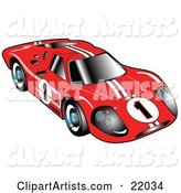 Red 1967 Ford Mark IV GT40 Racing Car with White Stripes and the Number 1