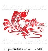 Red Chinese Styled Koi Fish Jumping in a Lily Pond