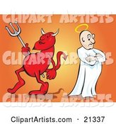 Red Devil Carrying a Pitchfork and Standing Back to Back with an Angel with a Halo