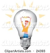Red Haired Man Holding up His Arms with a Spark Inside a Clear Glass Lightbulb