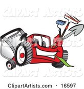 Red Lawn Mower Mascot Cartoon Character Carrying a Hoe, Rake and Shovel While Gardening