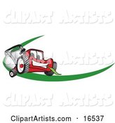 Red Lawn Mower Mascot Cartoon Character Facing Front on a Logo or Nametag with a Green Dash