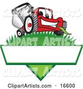 Red Lawn Mower Mascot Cartoon Character on a Grassy Hill on a Blank Label