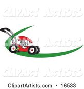 Red Lawn Mower Mascot Cartoon Character on a Logo or Nametag with a Green Dash