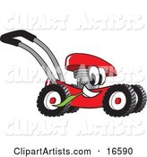 Red Lawn Mower Mascot Cartoon Character Passing by and Chewing on a Blade of Grass
