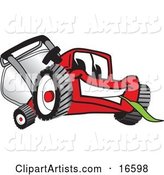 Red Lawn Mower Mascot Cartoon Character Smiling and Eating Grass