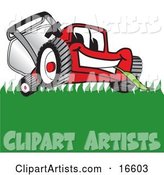 Red Lawn Mower Mascot Cartoon Character Smiling While Mowing Grass