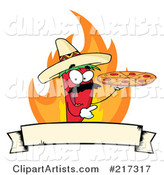 Red Pepper Character Holding a Pizza over Flames and a Banner