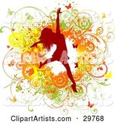 Red Silhouetted Woman Leaping over a Green, Yellow and Orange Grunge Background of Vines, Circles and Butterflies