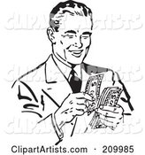 Retro Black and White Businessman Counting His Cash