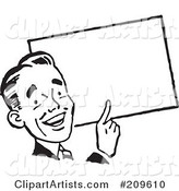 Retro Black and White Businessman Pointing to a Blank Sign