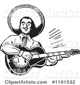 Retro Black and White Happy Mexican Mariachi Guitarist