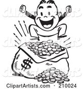 Retro Black and White Man Jumping over a Sack of Money