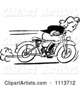 Retro Black and White Woman Racing a Motorcycle