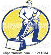 Retro Carpet Cleaner Man with a Vacuum over an Oval of Sunshine