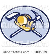 Retro Coal Miner Hard Hat and Head Lamp with a Crossed Pickaxe and Sledge Hamme in a Blue Oval