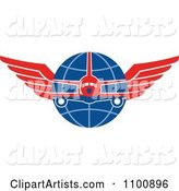 Retro Jumbo Jet Airplane over a Grid Globe with Red Wings