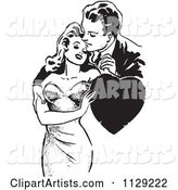 Retro Man and Woman Romanticly Embracing with a Heart in Black and White