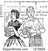 Retro Teenage Couple with Books and School Blueprints in Black and White