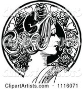 Retro Vintage Black and White Beautiful Woman in Profile and Floral Circle