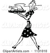 Retro Vintage Black and White Housewife Carrying a Roasted Turkey