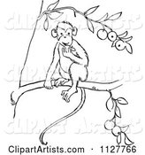 Retro Vintage Black and White Monkey Eating Fruit in a Tree Line Drawing