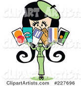 Retro Woman in a Green Suit, Holding a Bunch of Credit Cards