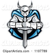 Retro Woodcut Knight Holding a Sword and Wearing a Blue Cape