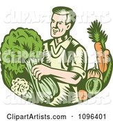 Retro Woodcut Organic Farmer with with Leafy Green and Root Vegetables