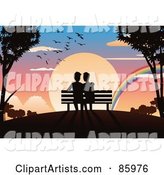 Romantic Gay Couple Sitting on a Bench, Watching a Rainbow in Front of a Sunset