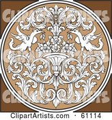 Round Ornate Design Element with White Floral Patterns and Birds on Brown