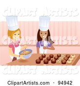 Royalty-Free (RF) Clipart Illustration of Two Happy Women Creating Elegant Chocolates in a Kitchen