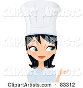 RoyBlack Haired, Blue Eyed Female Chef Presenting with Her Hand