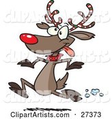 Rudolph the Red Nosed Reindeer with Festive Red, White and Green Striped Antlers, Running in the Snow