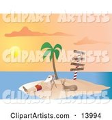 Santa Claus Vacationing and Relaxing on a Lounge Chair Beside Rudolph Under a Palm Tree on a Tropical Island at Sunset