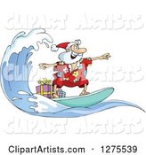 Santa Clause Surfing and Riding a Wave with Christmas Gifts on Board